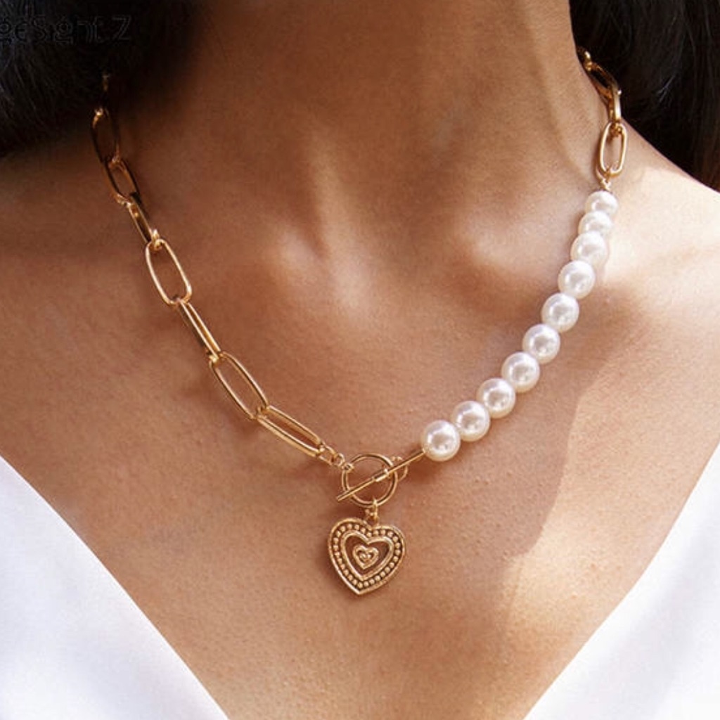 Heart Pearl Golden Necklace New